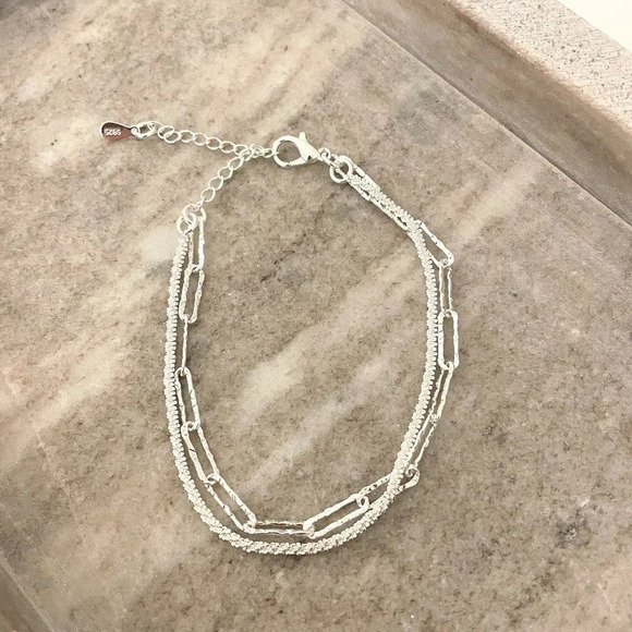 925 Sterling Silver Thin Multi Layer Bracelet Sequin Paperclip Link Bracelet - Picture 3 of 5